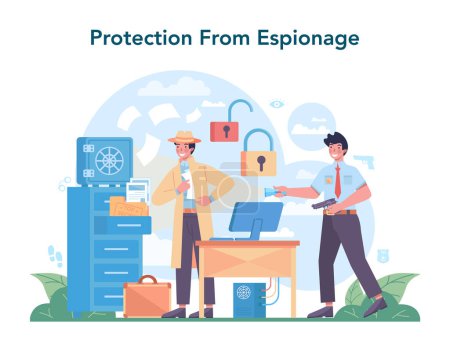 Illustration for FBI agent concept. Police officer or inspector investigating crime. Protection of espionage, cyberattack and terrorist. Isolated flat vector illustration - Royalty Free Image