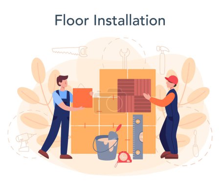 Photo for Flooring installer. Professional parquet laying, wooden or tile floor. Home repair and renovation concept. Isolated flat vector illustration - Royalty Free Image