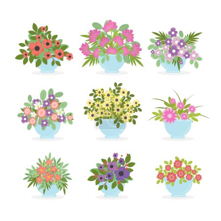 Téléchargez les illustrations : Flower pots set on white background. Colorful summer bouquets. - en licence libre de droit