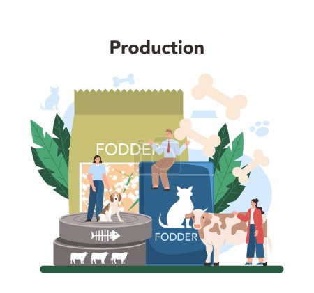 Illustration for Fodder industry. Food for pet production Dog and cat bowl and food package. Meal for domestic animal. Isolated flat vector illustration - Royalty Free Image