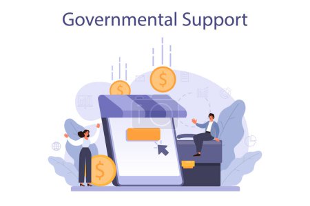 Illustration for Governmental support. Business bank loan from a government. Company support procedure. Crisis insurance, wage subsidy for business employee. Flat vector illustration - Royalty Free Image