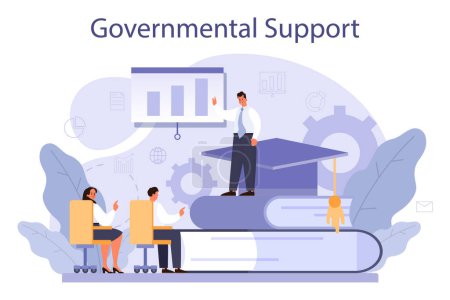 Governmental support. Business bank loan from a government. Company support procedure. Crisis insurance, wage subsidy for business employee. Flat vector illustration