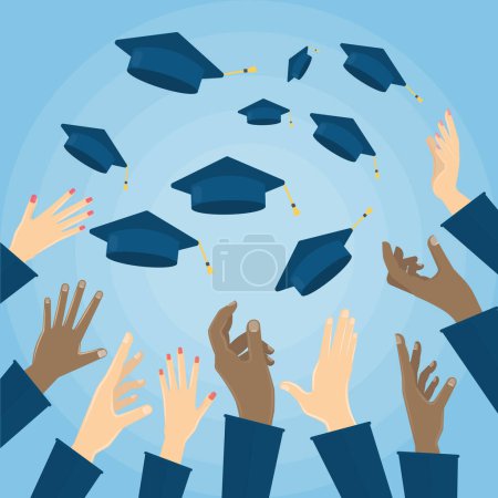 Illustration for Education student hats in the air. Flat design, vector illustration. - Royalty Free Image