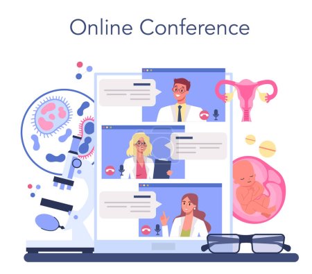 Illustration for Gynecologist online service or platform. Women health doctor, IVF specialist. Pregnancy monitoring and disease treatment. Online conference. Vector flat illustration - Royalty Free Image