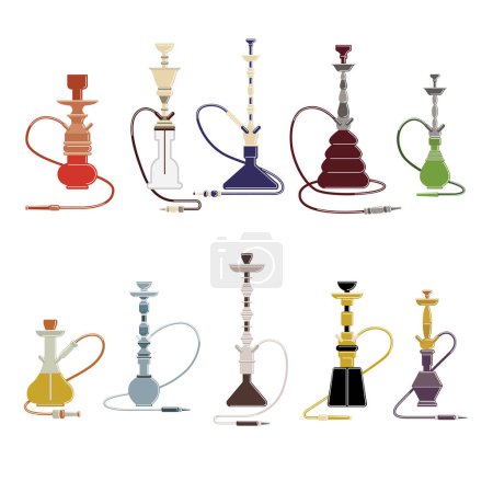 Illustration for Isolated hookahs set on white background. Oriental smoking objects with pipe and tube. - Royalty Free Image