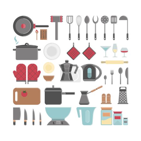 Illustration for Kitchen utensils and appliances on white background. Gloves, knives, pot and more. - Royalty Free Image