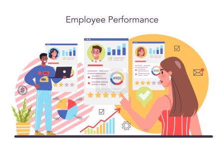 Illustration for KPI concept. Key performance indicators. Employee evaluation, testing form and report, worker performance review. Staff management, empolyee development. Isolated flat vector illustration - Royalty Free Image