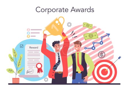 Illustration for Employee loyalty concept. Corporate awards culture. Staff management, empolyee development. Personnel mativation and remuneration. Flat vector illustration - Royalty Free Image