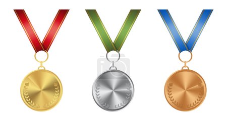 Different medals set on white background. Golden, silver and bronze.