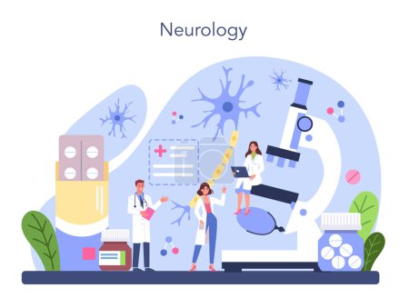 Illustration for Neurologist concept. Doctor examine human brain. Idea of doctor caring about patient health. Medical MRI diagnosis and consultation. Vector illustration in cartoon style - Royalty Free Image