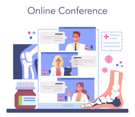 Illustration for Orthopedics doctor online service or platform. Idea of joint and bone treatment. Human anatomy and bone structure. Online conference. Vector flat illustration - Royalty Free Image