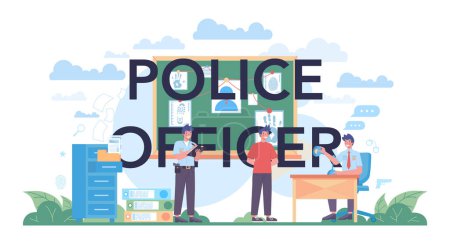 Illustration for Police officer typographic header. Detective making investigation and interrogation. Policeman patrol the city and making apprehensions. 911 service community policing. Flat vector illustration - Royalty Free Image