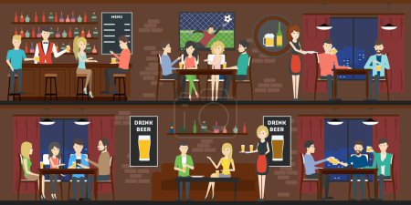 Téléchargez les illustrations : Ensemble intérieur de bar avec visiteurs et barmans. Bière fraîche et football en direct
. - en licence libre de droit