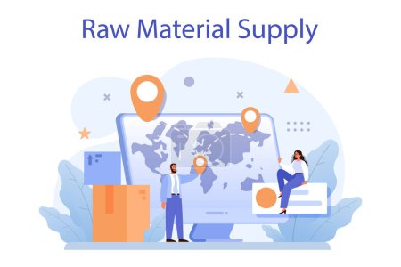 Illustration for Raw material supply concept. Suppliers, B2B idea, global distribution service. Manufacturing process, factory production. Company as a customer, business partnership. Flat vector illustration - Royalty Free Image