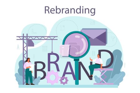 Rebranding concept. Rebuilding marketing strategy and design of a company or product. Brand recognition development as a part of business plan. Isolated flat vector illustration