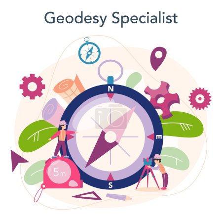 Illustration for Surveyor concept. Geodesy science , land surveying technology. Engineering and topography equipment. People with compass and map. Vector illustration in cartoon style - Royalty Free Image