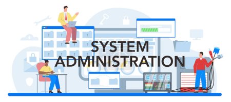 Photo for System administration typographic header. Technical work with server, software installation, troubleshooting, online security. Configuration of computer systems. Flat vector illustration - Royalty Free Image