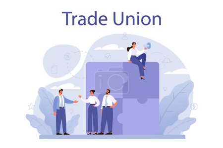 Illustration for Trade union concept. Employees care idea. Employees wellbeing or intersets regulation and protection. Corporate insurance, career development, benefits package. Isolated flat vector illustration - Royalty Free Image