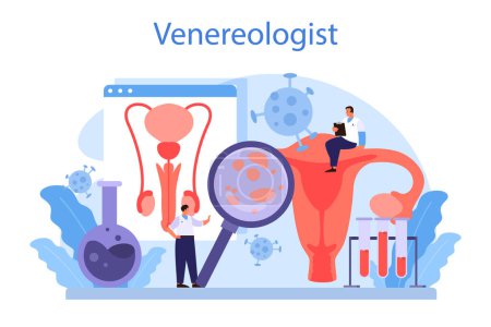 Illustration for Venereologist concept. Professional diagnostic of dermatology disease, sexually transmitted diseases and infection. Dermatovenerology. Vector illustration in cartoon style - Royalty Free Image