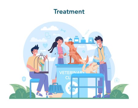 Illustration for Pet veterinarian concept. Veterinary doctor checking and treating animal. Idea of pet care, animal medical vaccination, microchipping. Vector flat illustration - Royalty Free Image