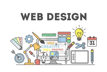 Webdesign-Illustration mit Symbolen. Konzept der Erstellung von Websites, der Erstellung von Logos und mehr.