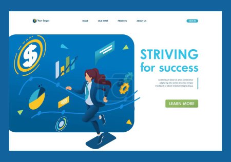 Illustration for Business lady is committed to success, runs on a planned schedule. The concept of achieving the goal. 3d isometric. Landing page concepts and web design. - Royalty Free Image