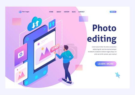 Photo for Young man is editing his photos on a smartphone. The concept of content for social networks. 3d isometric. Landing page concepts and web design. - Royalty Free Image