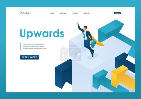 Illustration for Isometric aiming for the top, a businessman flies on large arrows. Template landing page. - Royalty Free Image
