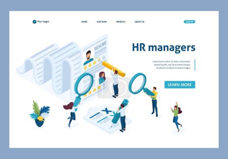 Illustration for Isometric HR Manager, consideration of the summary, recruiting concept. Template Landing page. - Royalty Free Image