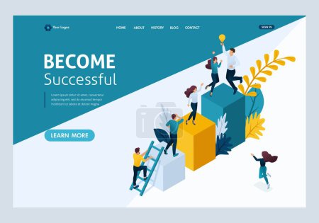Illustration for Website Template Landing page Isometric concept young entrepreneurs, start up project, successful business, ladder to success. Easy to edit and customize. - Royalty Free Image
