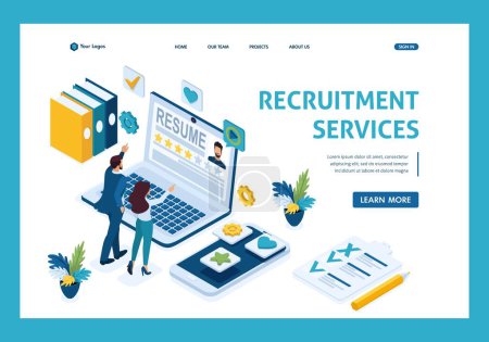 Illustration for Isometric HR Manager, Service to find employees, managers consider candidates, applicants. Template Landing page. - Royalty Free Image