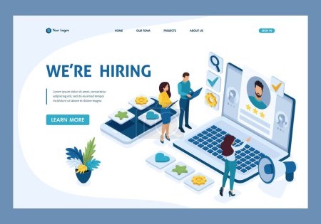 Illustration for Isometric HR Manager, we hire employees to our company, business recruiting concept. Template Landing page. - Royalty Free Image