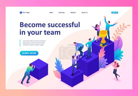 Illustration for Isometric Bright concept successful young team, upward movement. Template Landing page. - Royalty Free Image