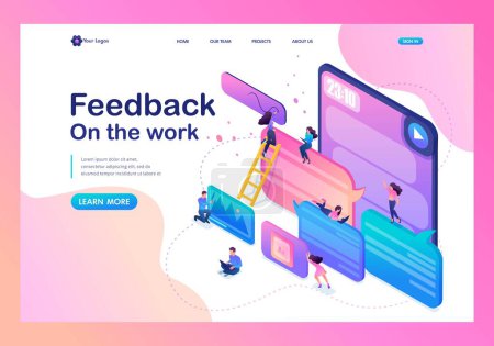 Illustration for Isometric bright concept users write comments, recall and feedback about services. Template Landing page. - Royalty Free Image