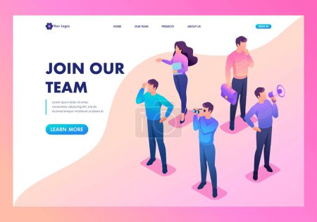 Illustration for Isometric bright concept we are looking for new people to our team. Template Landing page. - Royalty Free Image