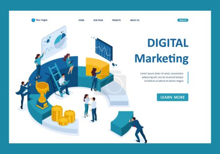 Illustration for Isometric Businessmen make a report on digital marketing. Template Landing page. - Royalty Free Image