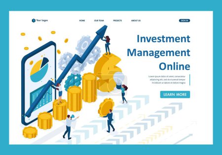 Illustration for Isometric Managing online investing, investors analyze the market. Template Landing page. - Royalty Free Image