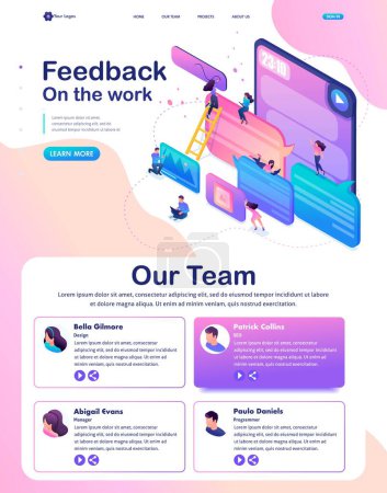 Illustration for Isometric Website Template Landing page bright concept users write comments, recall and feedback about services. - Royalty Free Image
