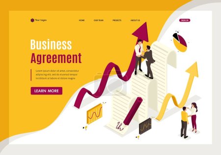 Illustration for Isometric Business agreement partners, growth revenue schedules. Template Landing page. - Royalty Free Image