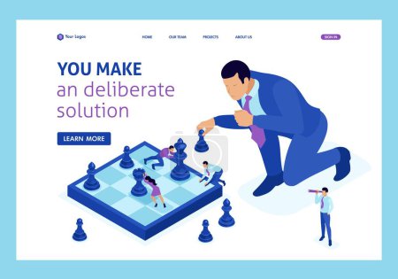 Illustration for Isometric big business makes an informed decision, chess game, growth strategy. Website Template Landing page. - Royalty Free Image