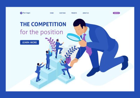 Illustration for Isometric competitive struggle for career growth, businessman looks at candidates through a magnifying glass. Website Template Landing page. - Royalty Free Image