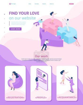 Illustration for Isometric Website Template Landing page acquaintance, love, meeting, people connect parts of a big heart. Adaptive 3D. - Royalty Free Image