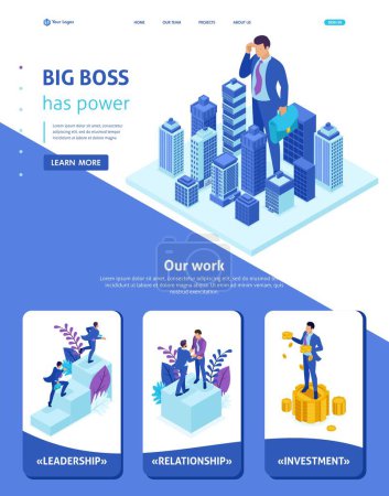 Illustration for Isometric Website Template Landing page Big businessman looks down at the city, the concept of power. Adaptive 3D. - Royalty Free Image