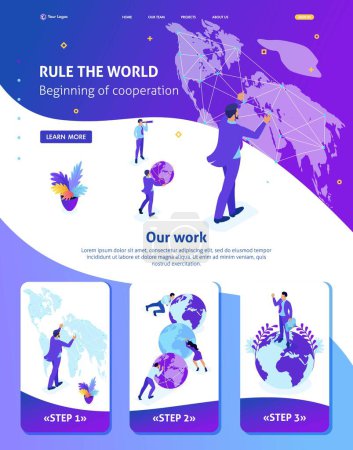 Illustration for Isometric Website Template Landing page Big businessman running the world, world map. Adaptive 3D. - Royalty Free Image