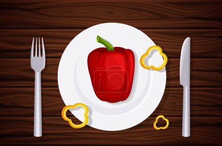 Photo for Excellent quality wood texture, table, table top, peppers on a plate, slices of pepper. Design vegetarian menu. Background of dark wooden planks. Vector illustration - Royalty Free Image