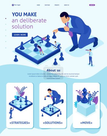Illustration for Isometric Website Template Landing page big business makes an informed decision, chess game, growth strategy. Adaptive 3D. - Royalty Free Image