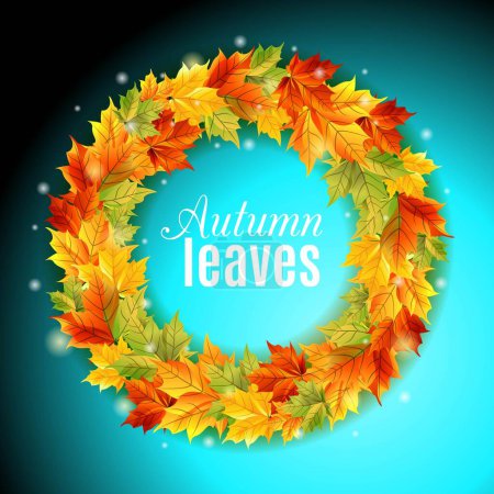Ilustración de El círculo de hojas de otoño sobre un fondo azul brillante, hojas de arce de colores brillantes, luz, brillo brillante. Ilustración vectorial
. - Imagen libre de derechos