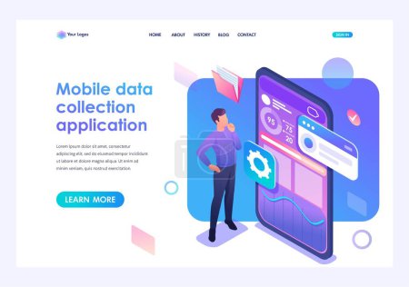 Photo for Young man is developing a Mobile application for data collection. Concept of modern technologies. 3d isometric. Landing page concepts and web design. - Royalty Free Image