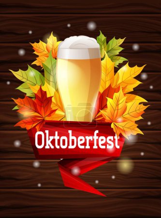 Illustration for A bright poster on the Oktoberfest beer festival. Autumn maple leaves on a wooden background, the effect of the sun glow. Vector illustration. - Royalty Free Image