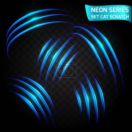 Neon Series set of cat scratch. Bright neon glowing effect. Transparent background. Abstract glowing crack, imitation effect speed. Vector illustration.